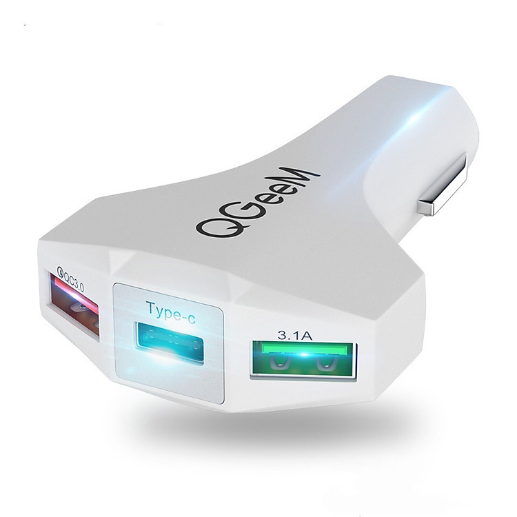 Củ sạc ô tô QGeeM USB C chuẩn Qualcoom QC 3.0 ba cổng sạc các thiết bị Type C - Hàng chính hãng