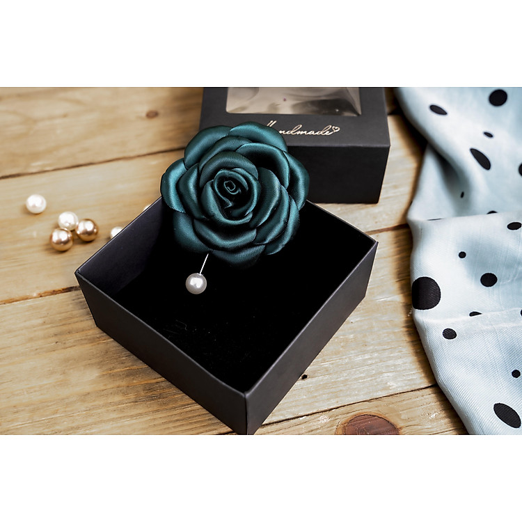 Hoa cài áo Handmade Vải lụa Hoa hồng channel - Màu xanh bộ đội