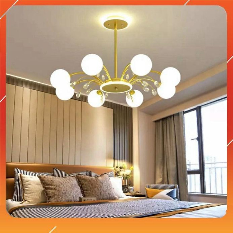 Đèn phân tử đèn chùm Bếp nhà hàng phòng ăn bóng thủy tinh trắng đục 11 bóng thân vàng Spunik chandelier đẹp