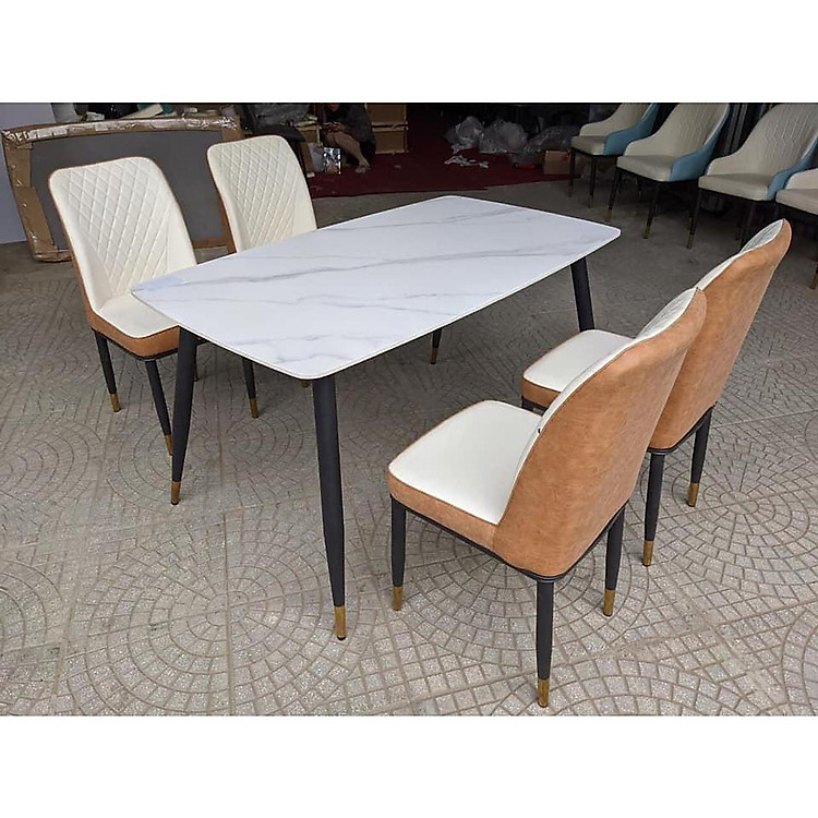 Bộ bàn ghế phòng ăn Tundo mặt đá ceramic hiện đại sang trọng 1m4 kèm 4 ghế