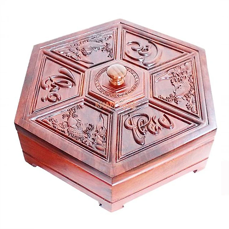 Khay Đựng Mứt Tết Bánh Kẹo Vuông 5 Ngăn Gỗ Gõ Tự Nhiên-DAICAT - Hình lục giác Chữ Phúc Lộc Thọ