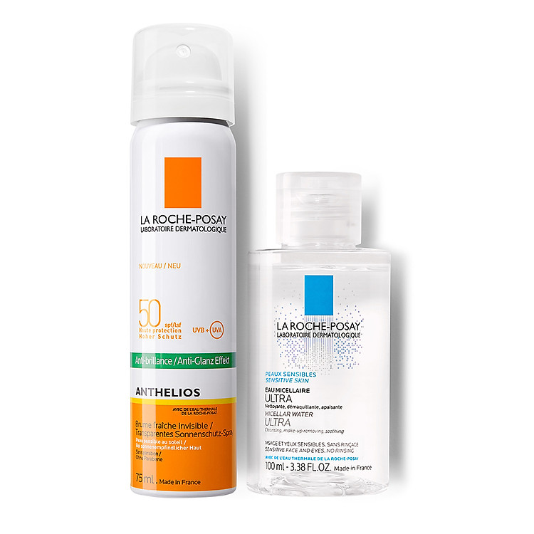 Bộ bảo vệ da Xịt Chống Nắng Dạng Phun Sương Kiểm Soát Dầu La Roche-Posay Anthelios Invisible Fresh Mist SPF 50+ UVB & UVA (75ml) & Nước Tẩy Trang Làm Sạch Sâu Cho Da Nhạy Cảm La Roche-Posay Micellar Water Ultra Sensitive Skin 100ml