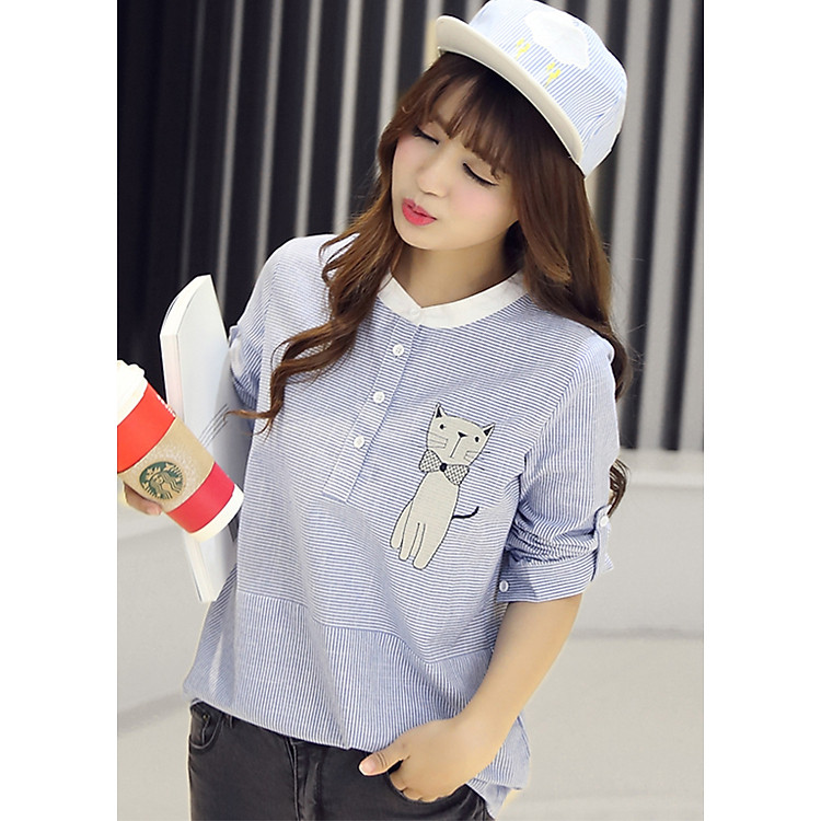 Áo kẻ sọc thêu mèo Haint Boutique A63