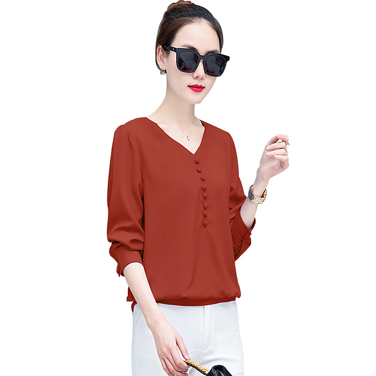 Áo sơ mi nữ đính nút phối bo lai