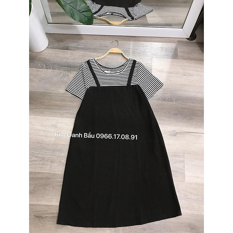 Váy Bầu BigSize Cỡ Đại Dáng Suông Pha Kẻ Giả Yếm (70-110kg)