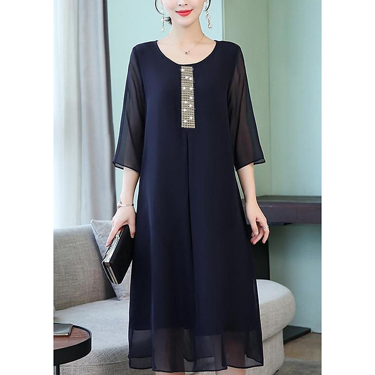 Đầm suông bigsize kiểu đầm suông trung niên phối cườm tay lỡ ROMI 3112