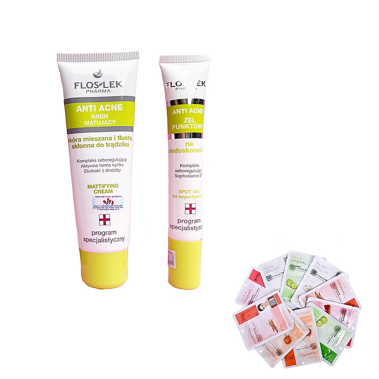 Floslek - Bộ 2 Kem kiềm dầu, điều tiết nhờn Mattifying Cream 50ml + gel chấm mụn viêm sưng Bacterial Intense 20ml Tăng 2 mặt nạ Dermal bất kỳ