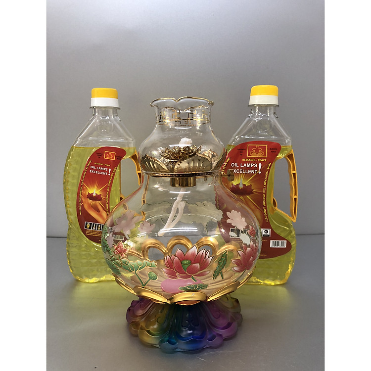Đèn thờ đốt dầu đế lưu li ngũ sắc hoạ tiết hoa sen (tặng kèm 2 chai dầu 500ml) - BH39