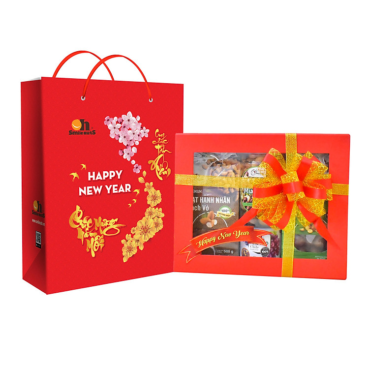 Hộp Quà Tết Cao Cấp Hạt Dinh Dưỡng Smile Nuts - Loại B (Hạnh Nhân Mỹ, Macca Úc, Mix 3 loại hạt và Nho khô mix Chile)