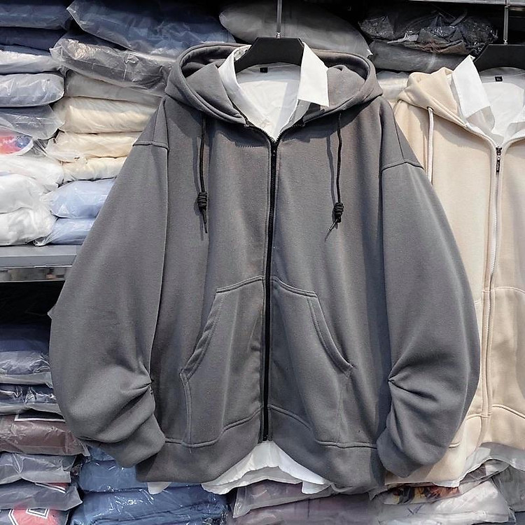 Áo Khoác Dây Kéo Nỉ Bông màu xám chuột unisex