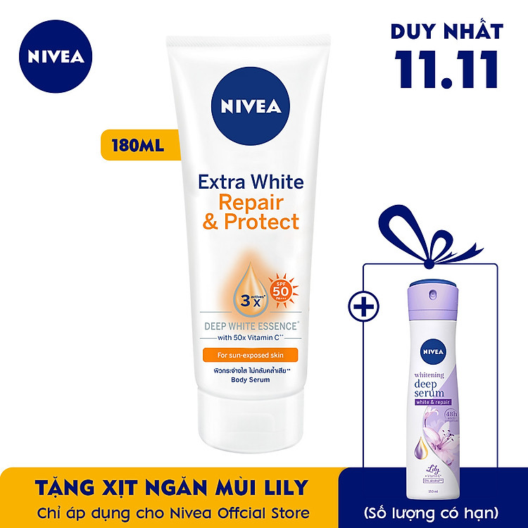 TẶNG XỊT NGĂN MÙI HƯƠNG HOA LILY - Tinh Chất Dưỡng Thể Dưỡng Trắng NIVEA Ban Ngày Giúp Phục Hồi & Chống Nắng SPF50 (180ml) - 88314