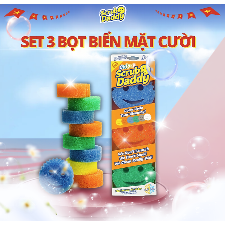 Set 3 Bọt biển Scrub Daddy chính hãng Mỹ, miếng xốp lau chùi đa năng - an toàn - chống mùi - ngăn nắp