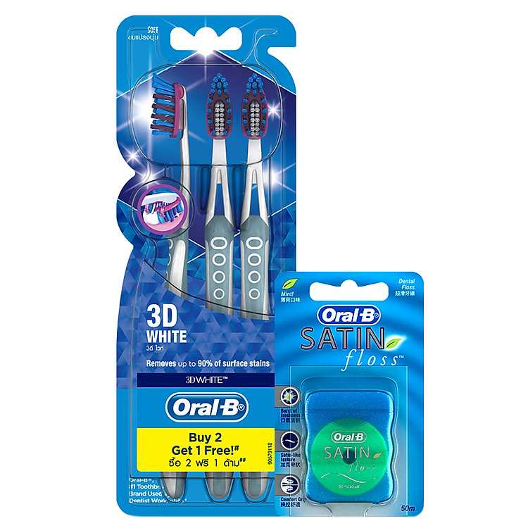 Combo Vỉ 3 Bàn Chải Đánh Răng Oral-B 3D White + Chỉ Nha Khoa Oral-B Satin Cho Nướu Nhạy Cảm (50m)