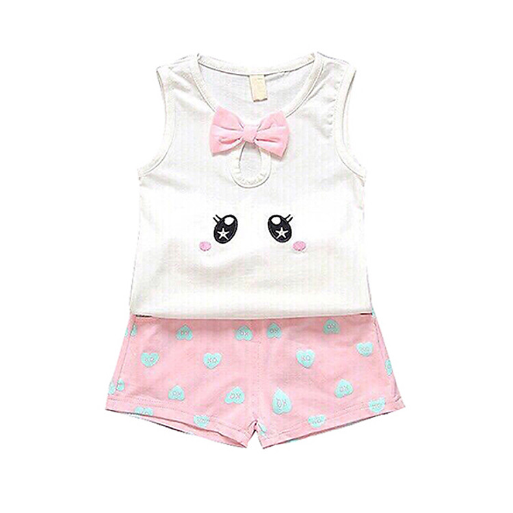 Bộ Quần Áo Ba Lỗ Mắt Nơ Trắng Hồng Chất Cotton