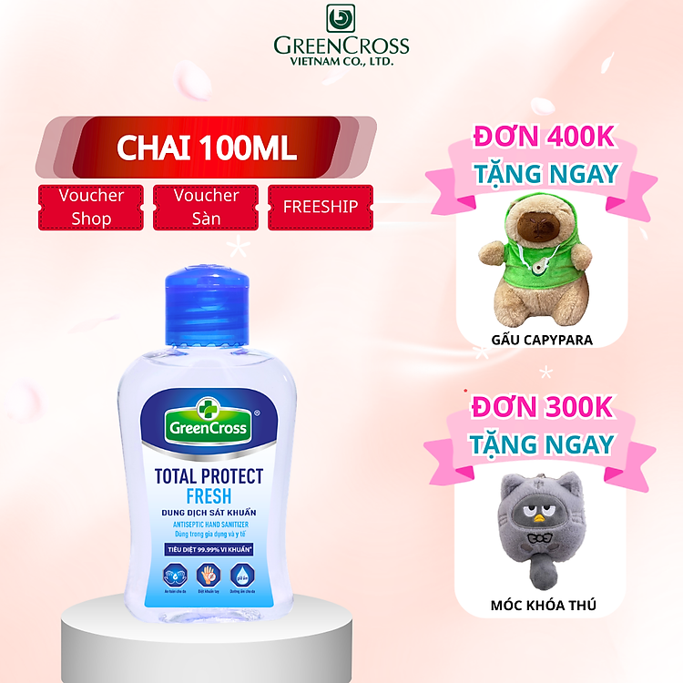 Combo 4-24 Chai Nước rửa tay Green Cross TOTAL PROTECT kháng khuẩn, diệt vi khuẩn100ml