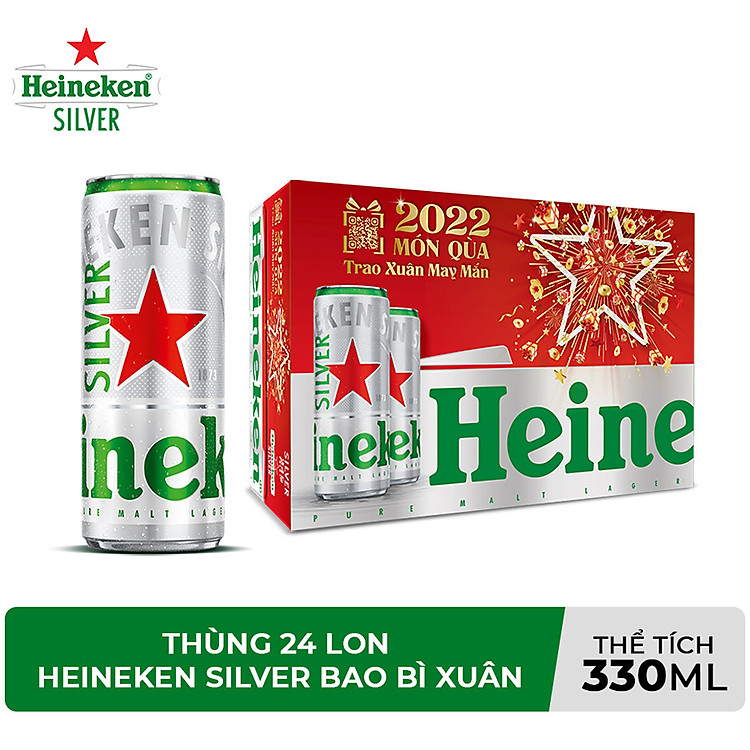 Thùng 24 lon bia Heineken Silver 330ml/lon - Bao bì Xuân