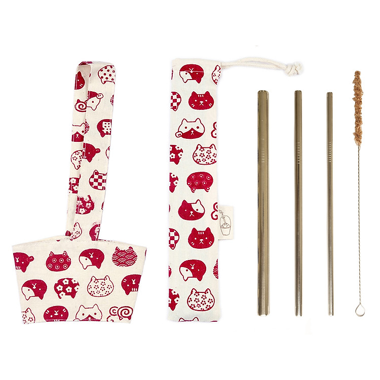 Combo Bộ 3 Ống hút kim loại Inox, Cọ rửa kim loại, Túi đựng + Quai vải Đựng ly Mèo Đỏ