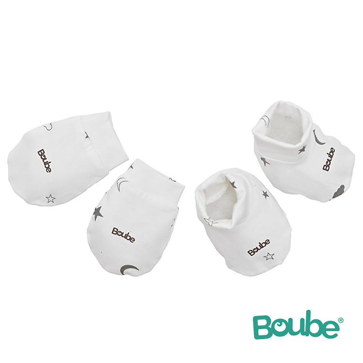 Set phụ kiện nón, bao tay, bao chân họa tiết trăng sao cho bé sơ sinh Boube, Vải Cotton Organic thoáng mát- Size Newborn