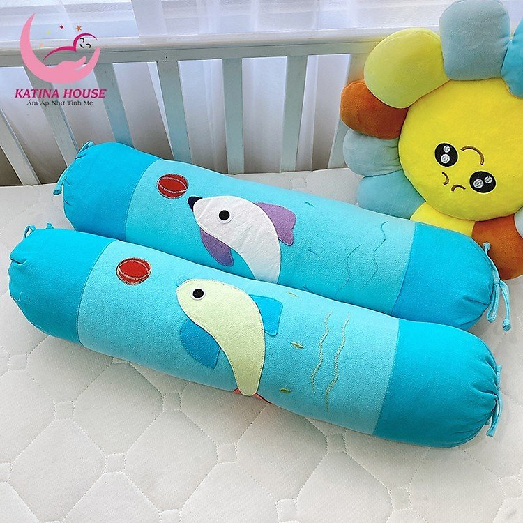 Gối ôm trẻ em dài 70cm Katina House, vải cotton cara mềm mại, thoáng mát, họa tiết đắp hình cá