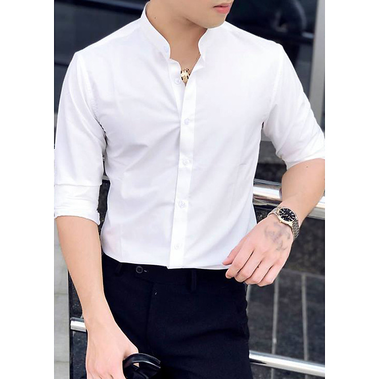 Áo Sơ Mi Trắng Nam Cổ Tàu Chất Lụa Mịn SM02