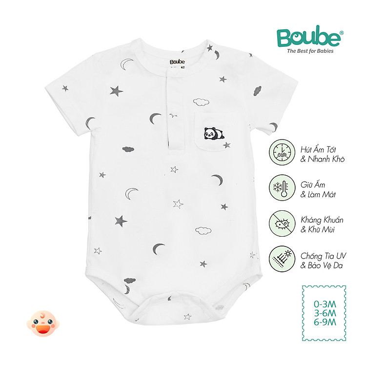 Bộ liền thân tam giác, bodychip ngắn tay họa tiết cho bé sơ sinh Boube, vải Cotton organic thoáng mát - Size 0-9M