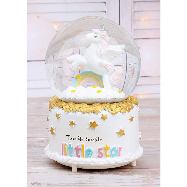 Quả cầu tuyết ngựa unicorn có nhạc có đèn thổi tuyết (mẫu 2 - có cầu vồng)