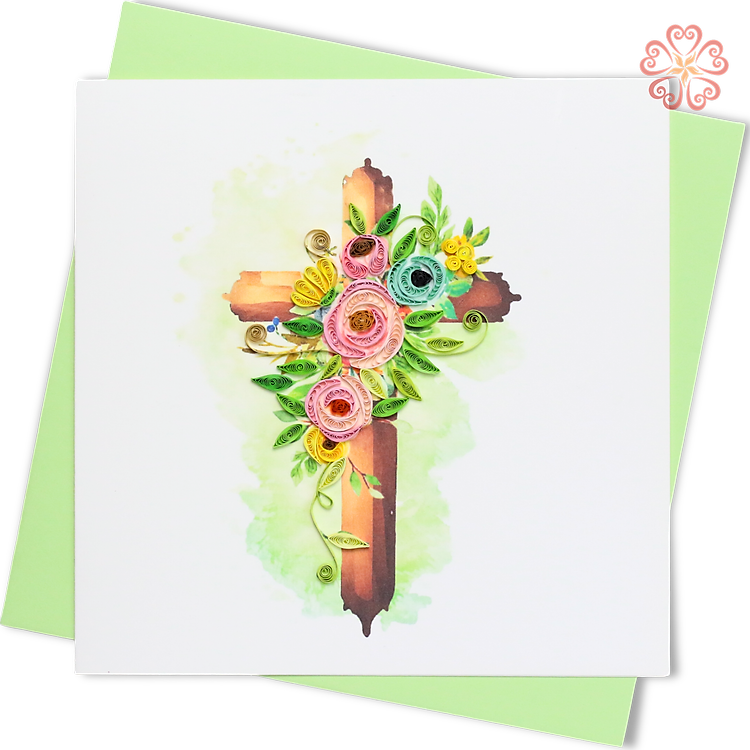 Thiệp Giấy Xoắn Nghệ Thuật - Thánh Giá Gỗ Hoa - Wooden Floral Cross - Religion - 15 x 15 - VN2XM115D80NN