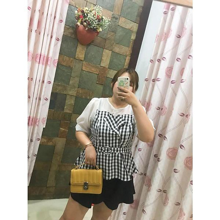 Áo Kiểu Peplum Caro Phối Tơ Cho Người Béo Bụng