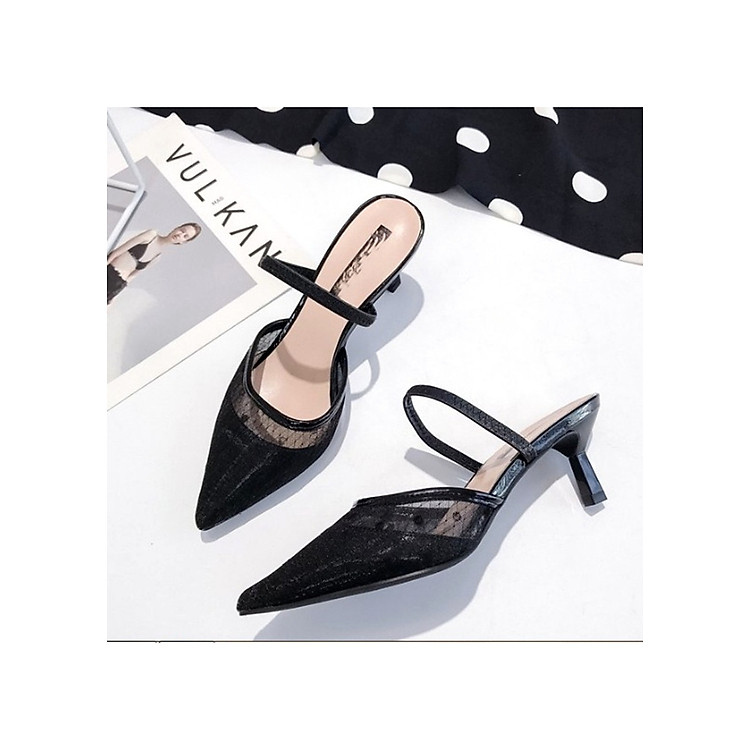 Sandals mũi nhọn bít gót nhỏ 5cm quai hậu chất ren lưới họa tiết chấm bi sang chảnh C29 có thể đi được kiểu sandals hoặc guốc