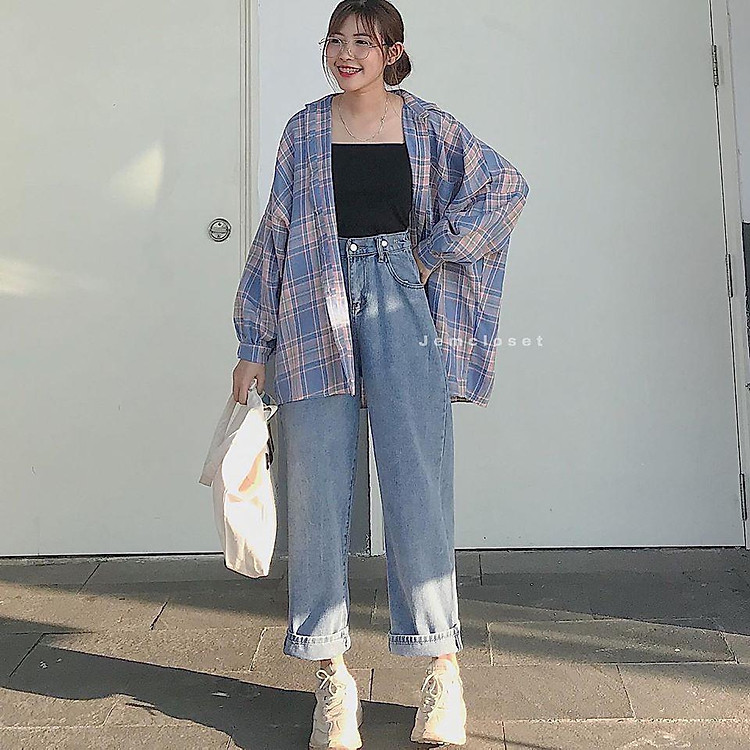 Quần jean nữ ống suông nút bấm - 2274