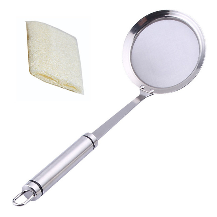 Dụng cụ lọc vớt bọt, lọc dầu, cặn bã inox IN43 tặng 1 miếng xơ mướp rửa bát