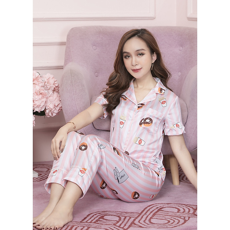 Bộ pijama lụa satin tay cộc quần dài họa tiết popcon kẻ sọc siêu thoáng mát H084