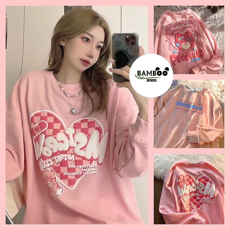 Áo Sweater In Hình Chất Nỉ Cotton Mềm Mịn Màu Hồng Ulzzang Phong Cách Hàn Quốc