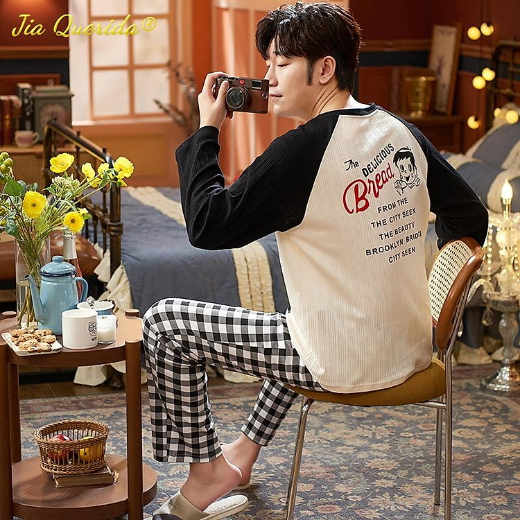 Mới Hoạt Hình In Tay Dài Quần Ngủ Thu Đông Phong Cách Thường Ngày Người Quần Áo Đồ Ngủ Pyjamas Cotton Người Bộ Đồ Ngủ Bộ