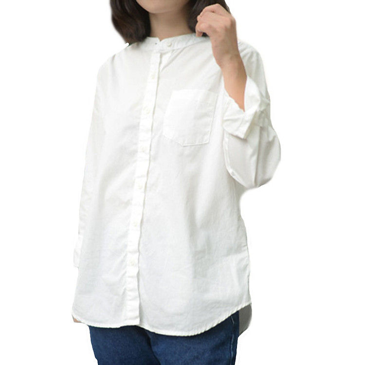 Áo sơ mi nữ dài tay cổ tầu form rộng (Trắng)