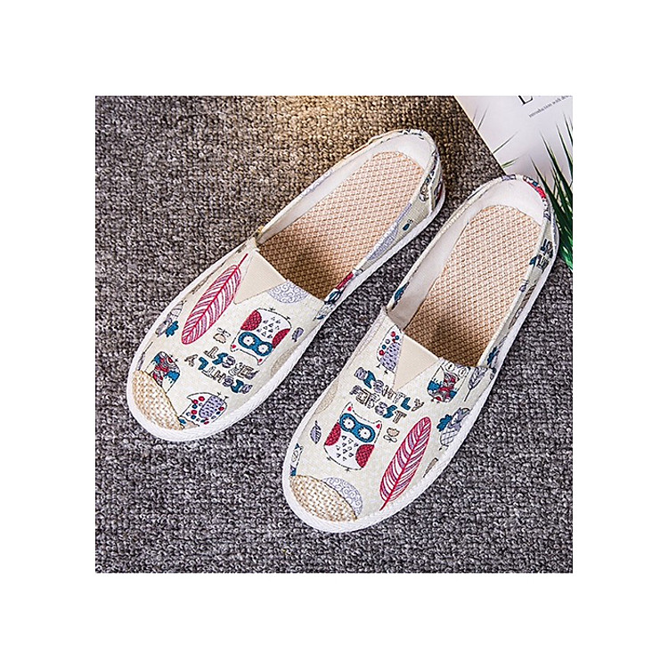 Giày lười slip on nữ bọc cói vintage thời trang Kem