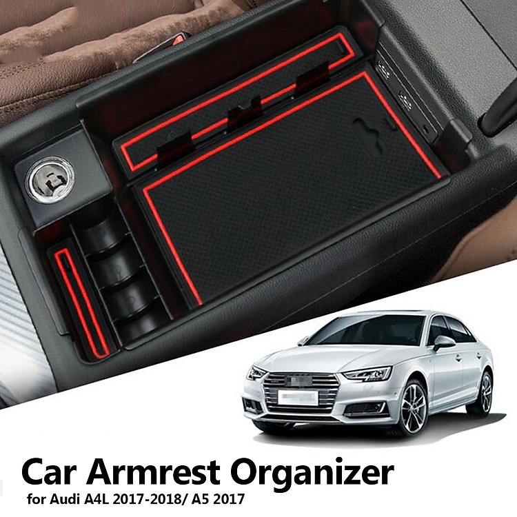 Car Center Control Storage Armrest Organizer Box Tray For A4L/ A5 2017-2018 With Non-slip Pads (Color: Black)