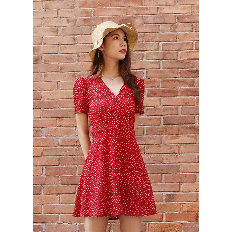 Đầm Hoạ Tiết Chấm Bi Đỏ Rối Bo Eo Cổ V
