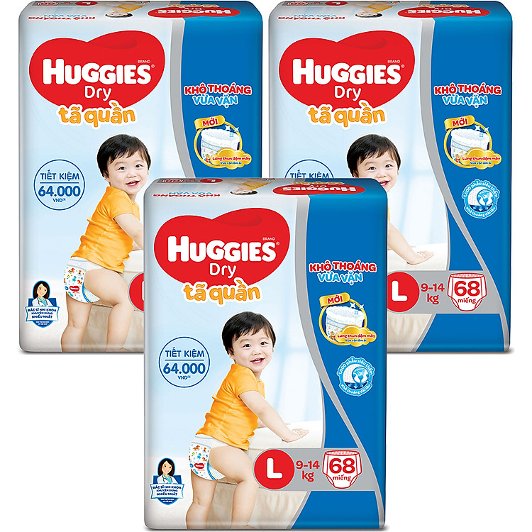 Combo 3 Gói Tã Quần Huggies Dry Gói Cực Đại L68 (68 Miếng) - Bao Bì Mới