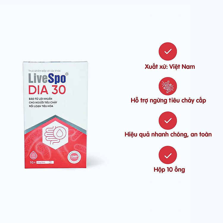 Dung dịch LIVESPO Dia 30 bổ sung men vi sinh hỗ trợ giảm tiêu chảy cấp, rối loạn tiêu hóa (10 ống)