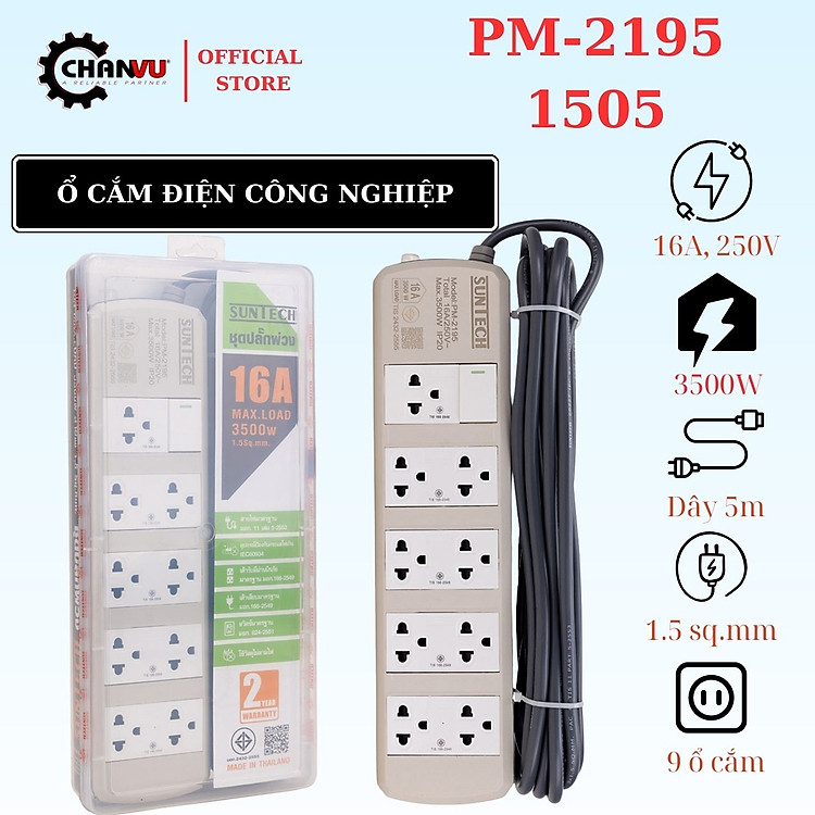 Ổ Cắm Điện cao cấp SUNTECH – 9 Lỗ/5 Lỗ, Công Suất Tới 3500W, 1.5mm², Dài 3m/5m, tiêu chuẩn Thái