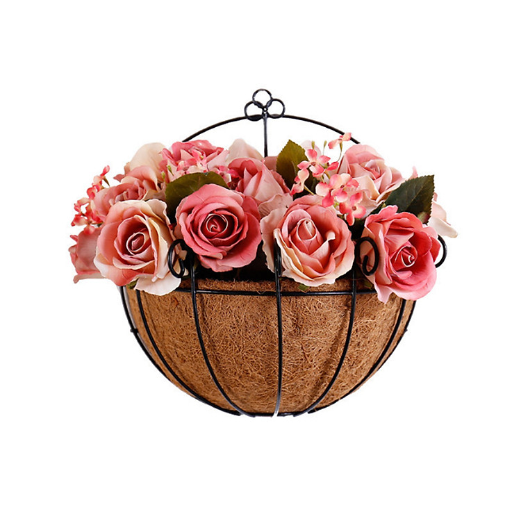 Giỏ hoa tổ chim sơ dừa treo tường trang trí ngoài trời, phòng khách sắt phủ sơn tĩnh điện kích thước 25 x 29 x 12cm không kèm hoa - Tặng bộ dao thìa dĩa gỗ thân thiện môi trường xuất khẩu