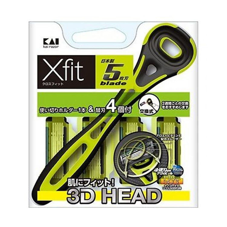 Set dao cạo râu 5 lưỡi kép Xfit KAI (1 thân, 4 lưỡi thay thế) nội địa Nhật Bản