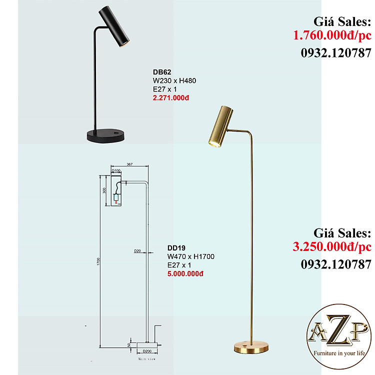 AZP - ĐÈN ĐỨNG / ĐÈN TRANG TRÍ / ĐÈN PHÒNG KHÁCH AZP-DB62 / DD19 phong cách đương đại, hàng nhập khẩu AZP