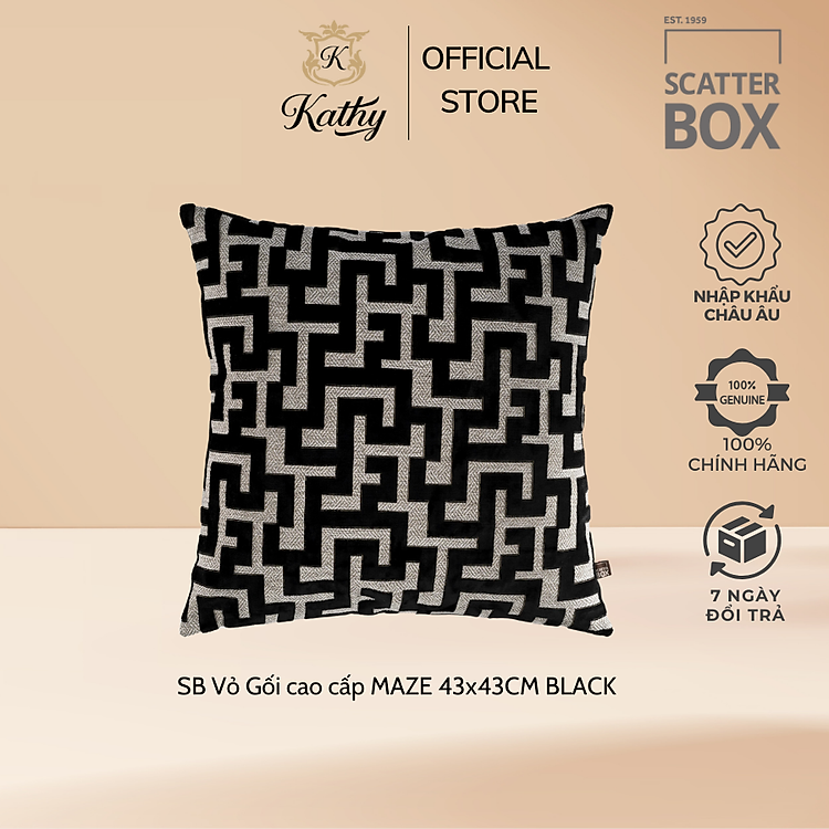 SCATTER BOX Vỏ Gối cao cấp nhập khẩu Ireland Anh Quốc MAZE màu BLACK kích thước 43x43CM phong cách hiện đại