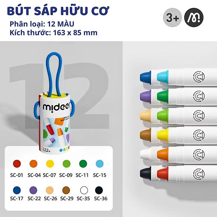 Bút Màu Sáp Lụa Hữu Cơ Mideer (12 màu)