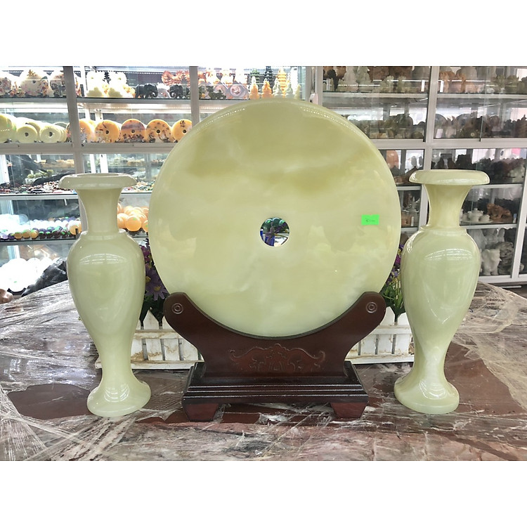 Bộ combo Cặp Lục Bình, Lọ Hoa và Đồng tiền, Đồng điếu phong thủy đá ngọc Onyx trang trí phòng khách, bàn làm việc