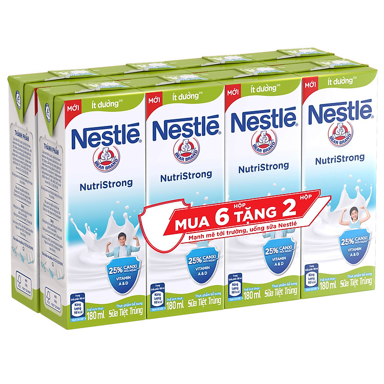 Lốc 6 hộp Sữa nước Nestlé Ít Đường (6x180ml) tặng kèm 2 hộp cùng loại