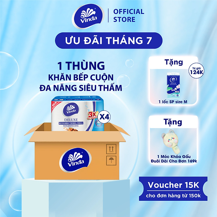 [MUA 1 THÙNG KHĂN BẾP CUỘN TẶNG 1 LỐC KHĂN RÚT SIZE M ] Khăn giấy bếp đa năng siêu thấm Vinda Deluxe (6 Cuộn)