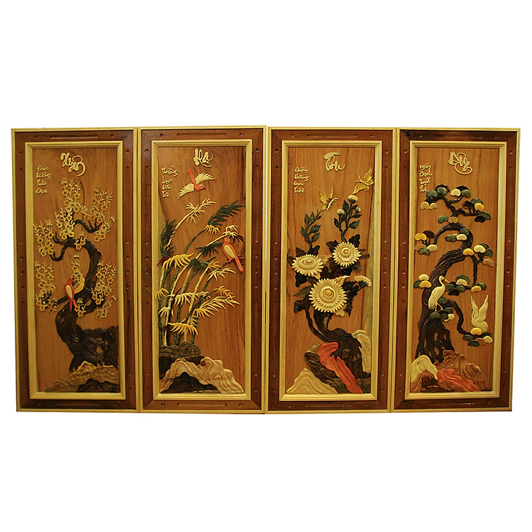 Tranh tứ quý gỗ Cate (gõ đỏ)